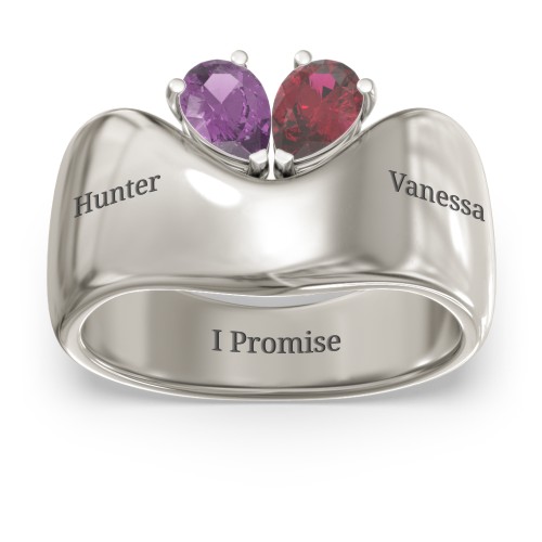 Toi et Moi Pear Gemstone Ring with Wide Curved Band – 10K White Gold with Amethyst and Ruby