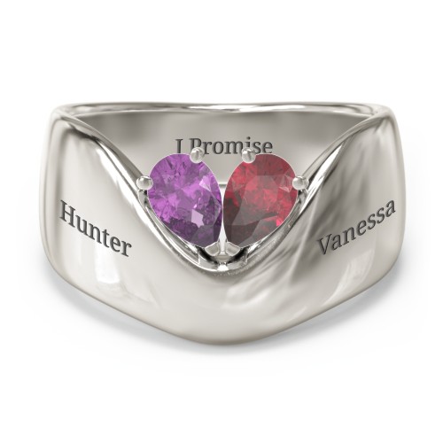 Toi et Moi Pear Gemstone Ring with Wide Curved Band – 10K White Gold with Amethyst and Ruby