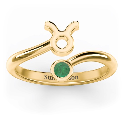 Zodiac Sign & Birthstone Bypass Ring – 18K Gold Plated Silver with Emerald