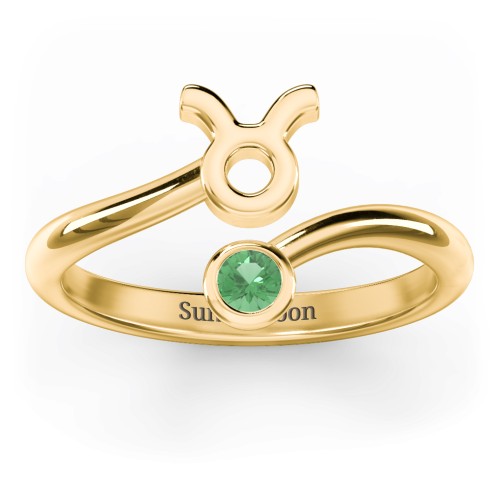 Zodiac Sign & Birthstone Bypass Ring – 18K Gold Plated Silver with Emerald