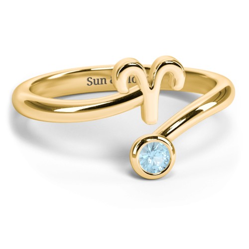 Zodiac Sign & Birthstone Bypass Ring – 18K Gold Plated Silver with Blue Topaz