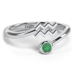 Zodiac Sign & Birthstone Bypass Ring in 925 Sterling Silver with Emerald