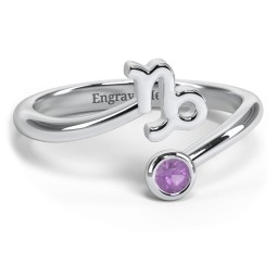 Zodiac Sign & Birthstone Bypass Ring in 925 Sterling Silver with Amethyst