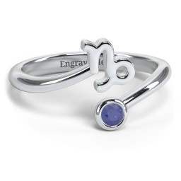 Zodiac Sign & Birthstone Bypass Ring in 925 Sterling Silver with Blue Sapphire