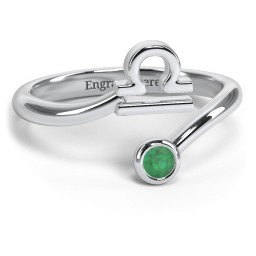 Zodiac Sign & Birthstone Bypass Ring in 925 Sterling Silver with Emerald