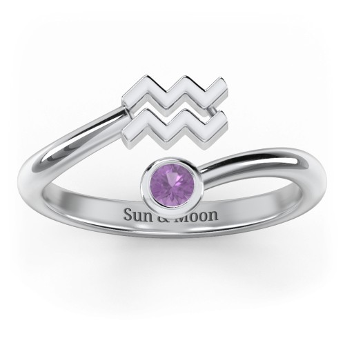 Zodiac Sign & Birthstone Bypass Ring – Sterling Silver with Amethyst
