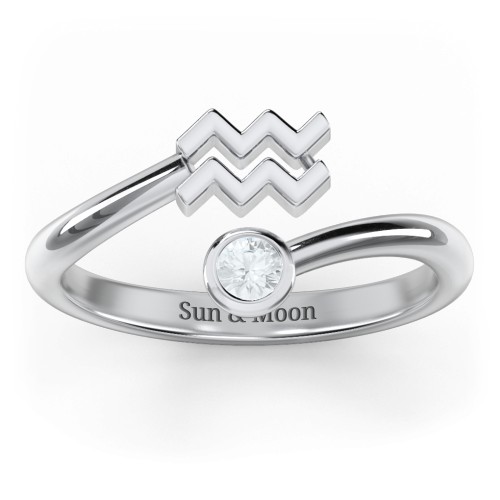 Zodiac Sign & Birthstone Bypass Ring – Sterling Silver with Aquamarine