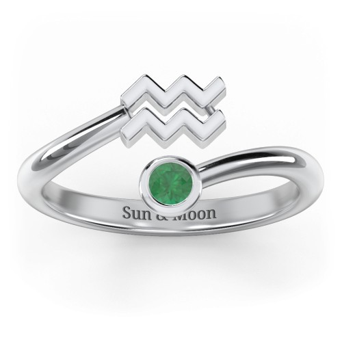 Zodiac Sign & Birthstone Bypass Ring – Sterling Silver with Emerald