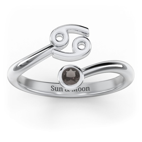 Zodiac Sign & Birthstone Bypass Ring – Sterling Silver with Smokey Quartz