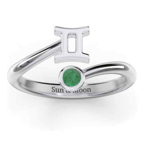 Zodiac Sign & Birthstone Bypass Ring – Sterling Silver with Emerald