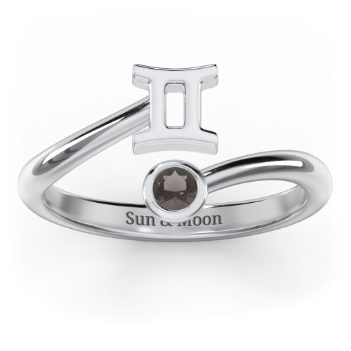 Zodiac Sign & Birthstone Bypass Ring – Sterling Silver with Smokey Quartz