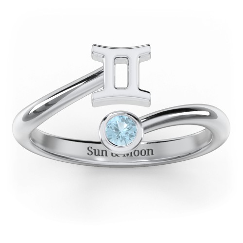 Zodiac Sign & Birthstone Bypass Ring – Sterling Silver with Blue Topaz
