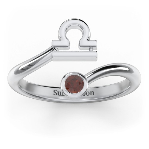 Zodiac Sign & Birthstone Bypass Ring – Sterling Silver with Garnet
