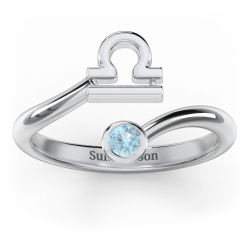 Zodiac Sign & Birthstone Bypass Ring – Sterling Silver with Blue Topaz