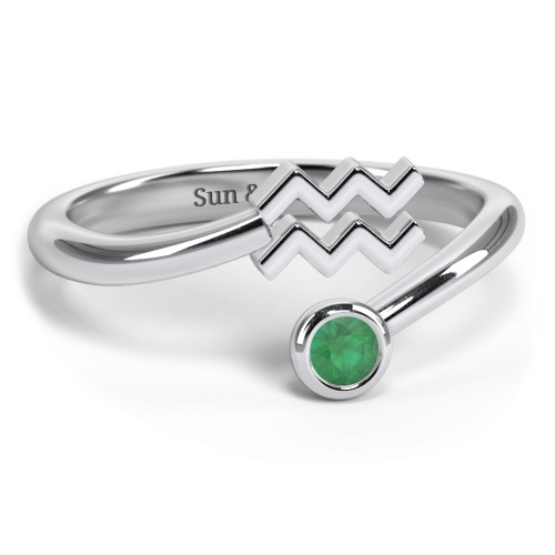 Zodiac Sign & Birthstone Bypass Ring – Sterling Silver with Emerald