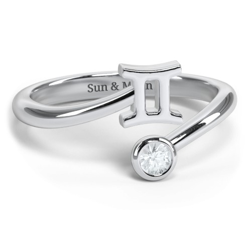 Zodiac Sign & Birthstone Bypass Ring – Sterling Silver with Aquamarine