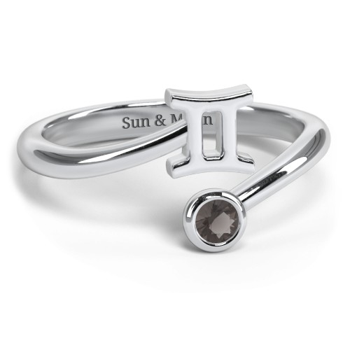 Zodiac Sign & Birthstone Bypass Ring – Sterling Silver with Smokey Quartz