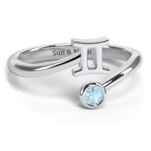 Zodiac Sign & Birthstone Bypass Ring – Sterling Silver with Blue Topaz