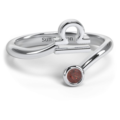 Zodiac Sign & Birthstone Bypass Ring – Sterling Silver with Garnet