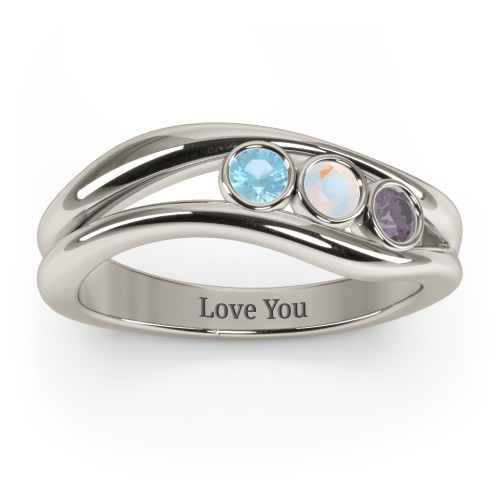 Curved 3 Bezel-Set Round Birthstone Ring – 10K White Gold with Blue Topaz, Opal, and Alexandrite