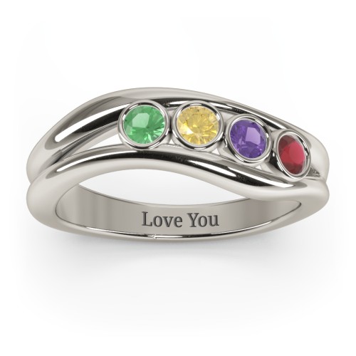 Curved 4 Bezel-Set Round Birthstone Ring – 10K White Gold with Emerald, Citrine, Amethyst, and Garnet