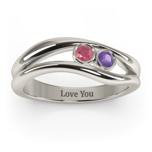 Curved 2 Bezel-Set Round Birthstone Ring – 10K White Gold with Ruby and Amethyst