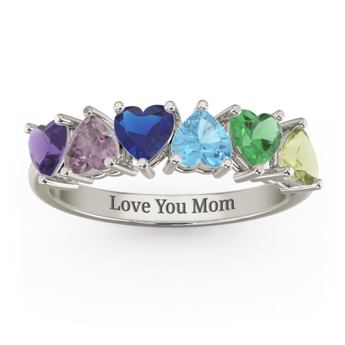 6 Heart Birthstone Ring – 10K White Gold with Amethyst, Alexandrite, Blue Sapphire, Blue Topaz, Emerald, and Peridot