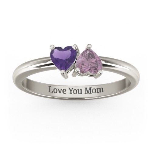 2 Heart Birthstone Ring – 10K White Gold with Amethyst and Alexandrite