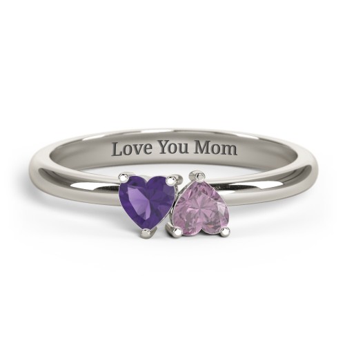 2 Heart Birthstone Ring – 10K White Gold with Amethyst and Alexandrite