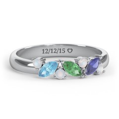 3 Marquise Birthstone Ring with Round Accents – 10K White Gold with Blue Topaz, Emerald, Blue Sapphire, and Opal