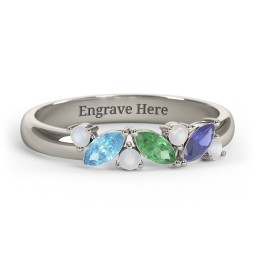 3 Marquise Birthstone Ring with Round Accents in 10K Solid White Gold with Blue Topaz, Emerald, Blue Sapphire, and Opal