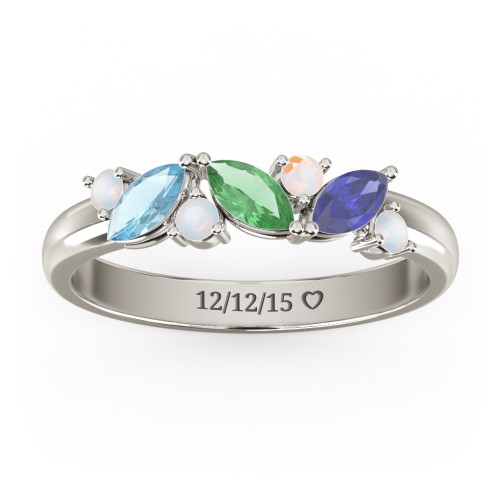 3 Marquise Birthstone Ring with Round Accents – 10K White Gold with Blue Topaz, Emerald, Blue Sapphire, and Opal