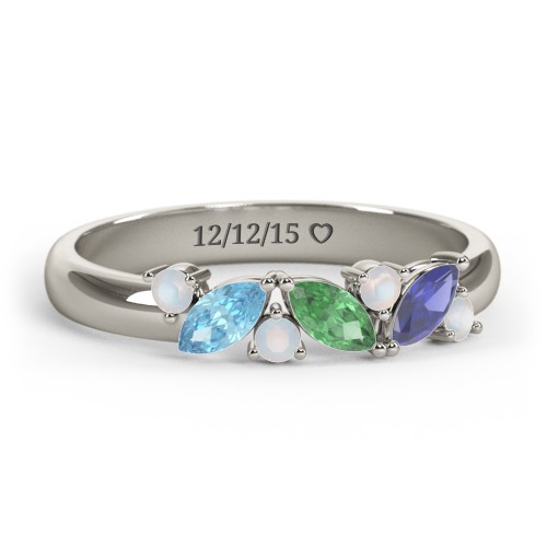 3 Marquise Birthstone Ring with Round Accents – 10K White Gold with Blue Topaz, Emerald, Blue Sapphire, and Opal