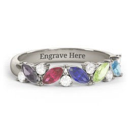 5 Marquise Birthstone Ring with Round Accents in 10K Solid White Gold with Alexandrite, Ruby, Blue Sapphire, Peridot, Blue Topaz, and Cubic Zirconia