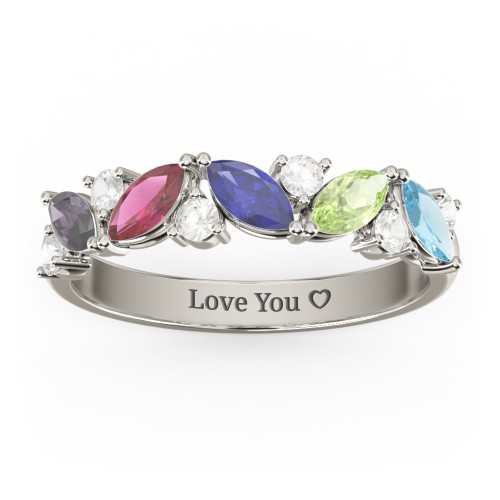 5 Marquise Birthstone Ring with Round Accents – 10K White Gold with Alexandrite, Ruby, Blue Sapphire, Peridot, Blue Topaz, and Cubic Zirconia