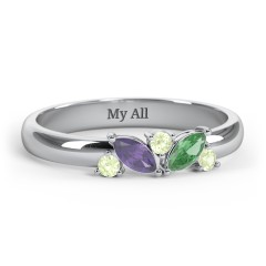 2 Marquise Birthstone Ring with Round Accents – 10K White Gold with Amethyst, Emerald, and Peridot