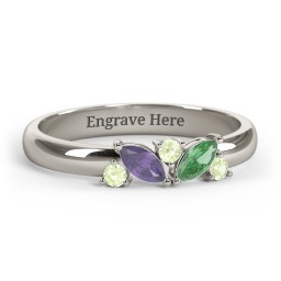2 Marquise Birthstone Ring with Round Accents in 10K Solid White Gold with Amethyst, Emerald, and Peridot