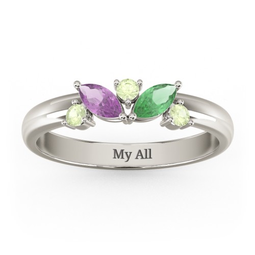 2 Marquise Birthstone Ring with Round Accents – 10K White Gold with Amethyst, Emerald, and Peridot