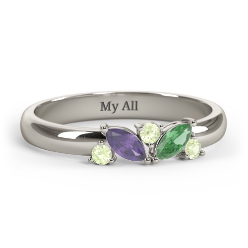 2 Marquise Birthstone Ring with Round Accents – 10K White Gold with Amethyst, Emerald, and Peridot