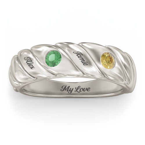 2 Birthstone Flat Twisted Croissant Ring – 10K White Gold with Emerald and Citrine