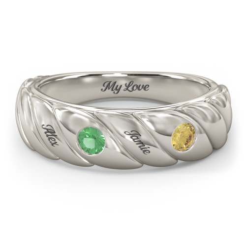 2 Birthstone Flat Twisted Croissant Ring – 10K White Gold with Emerald and Citrine