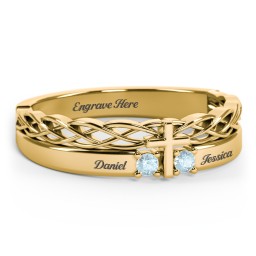 Women’s Cross Ring with Round Gemstones in 18K Gold Plated Silver with Blue Topaz