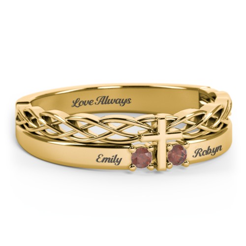 Women’s Cross Ring with Round Gemstones – 18K Gold Plated Silver with Garnet