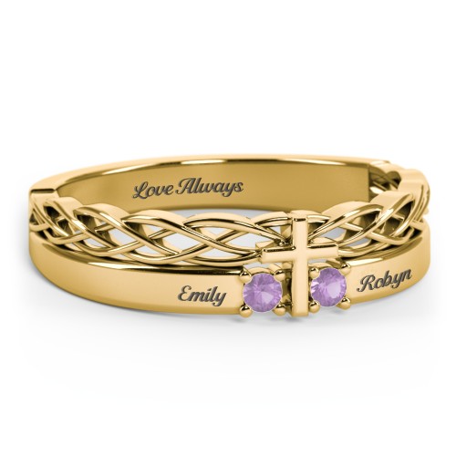 Women’s Cross Ring with Round Gemstones – 18K Gold Plated Silver with Amethyst