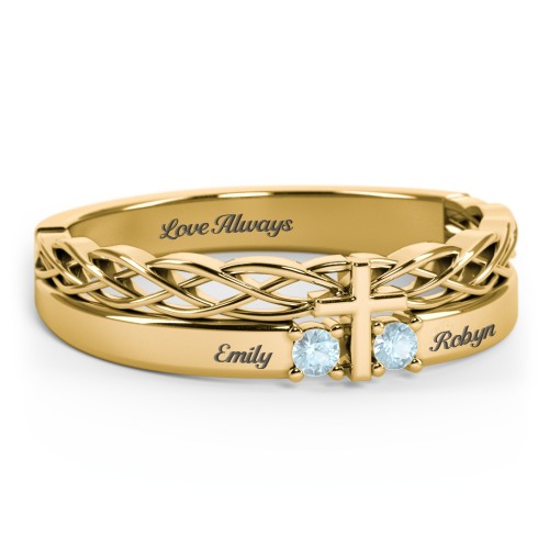Women’s Cross Ring with Round Gemstones – 18K Gold Plated Silver with Blue Topaz