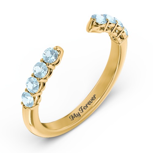 Round Birthstone Open Cuff Ring – 10K Yellow Gold with Blue Topaz