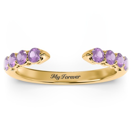 Round Birthstone Open Cuff Ring – 10K Yellow Gold with Amethyst