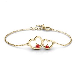 Double Heart With Two Stones Bracelet in 18K Gold Plated Silver with Garnet
