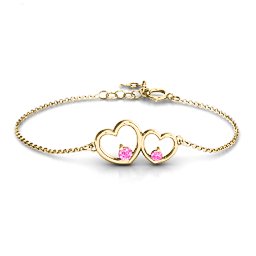 Double Heart With Two Stones Bracelet in 18K Gold Plated Silver with Pink Tourmaline