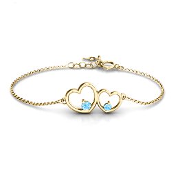 Double Heart With Two Stones Bracelet in 18K Gold Plated Silver with Blue Topaz